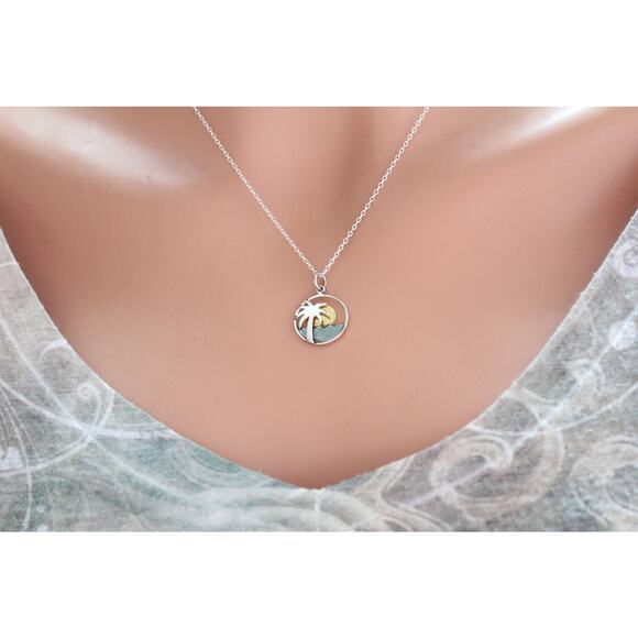 Sterling Silver Palm Tree Ocean Charm with Bronze Sunset - Picture 2 of 5